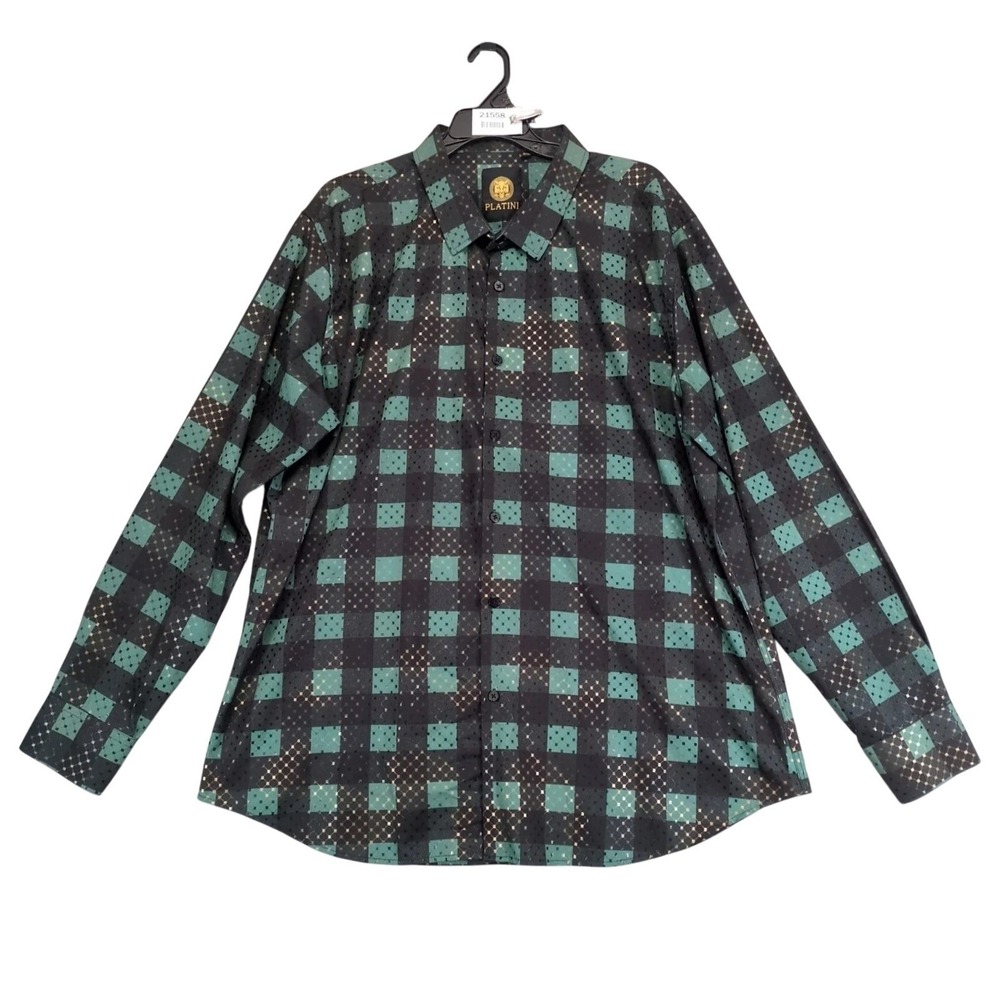 Platini Black Geometric Button Shirt Mens 3XL Clubwear Stretch‎ Metallic Party